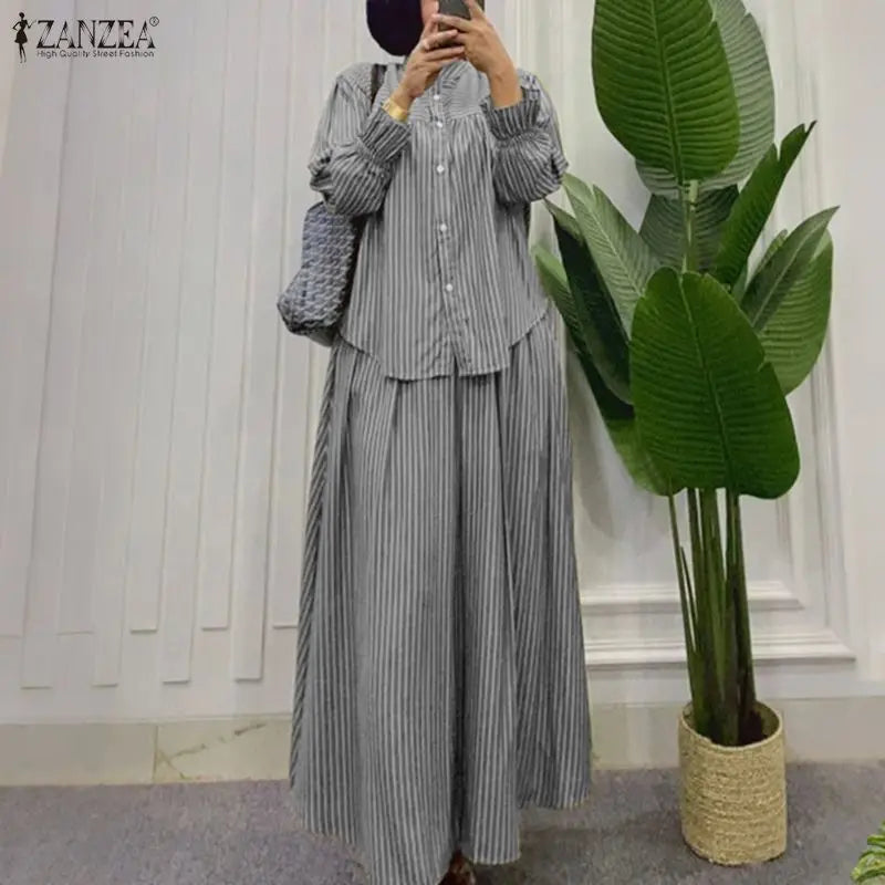 Elegant Women Muslim 2 Pieces Sets ZANZEA Summer Stand Neck Long Sleeve Bouse Skirt Suit Striped Outfits IsIamic Hijab Tracksuit