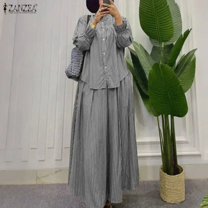 Elegant Women Muslim 2 Pieces Sets ZANZEA Summer Stand Neck Long Sleeve Bouse Skirt Suit Striped Outfits IsIamic Hijab Tracksuit