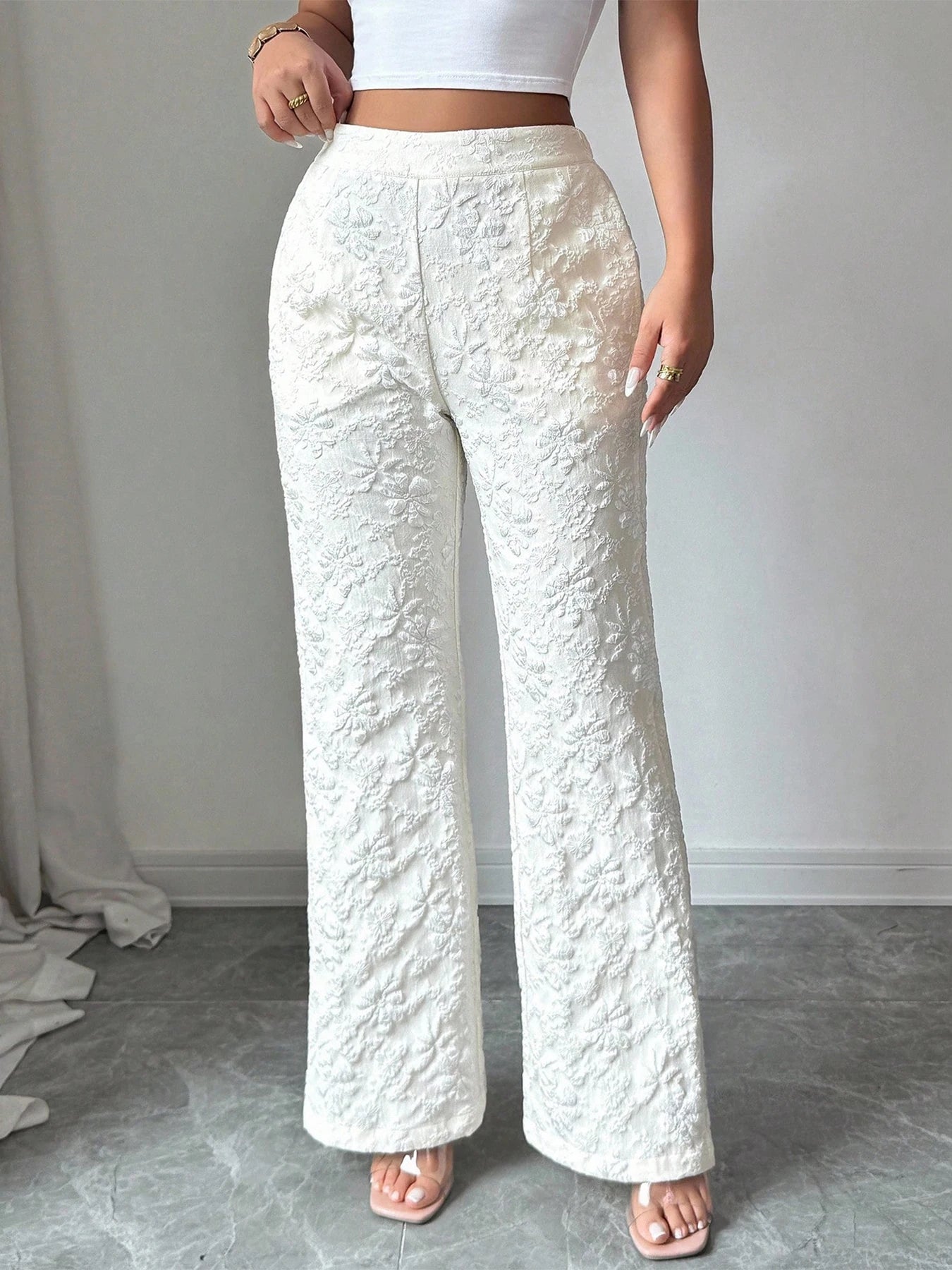Women's Apricot Wide Leg Pants 3D Floral Embossed High Waist Flared Pants Elegant Casual Spring Summer Vacation Office Trousers