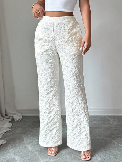 Women's Apricot Wide Leg Pants 3D Floral Embossed High Waist Flared Pants Elegant Casual Spring Summer Vacation Office Trousers
