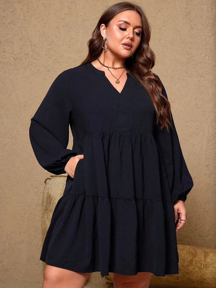 Plus Size Women Black Tiered Mini Dress Split V Neck Lantern Long Sleeve Loose Casual Tunic Dresses With Pockets Soft Flowy Plus