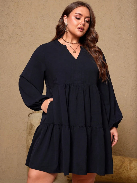 Plus Size Women Black Tiered Mini Dress Split V Neck Lantern Long Sleeve Loose Casual Tunic Dresses With Pockets Soft Flowy Plus