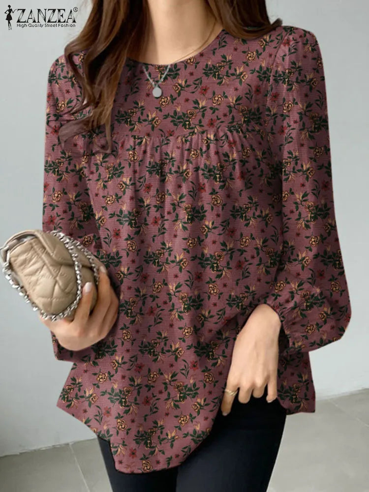ZANZEA Women's Elegant Floral Blouses Autumn Cotton Linen Long Puff Sleeve O-Neck Gathered Loose Tops Casual Daily Woman Clothes