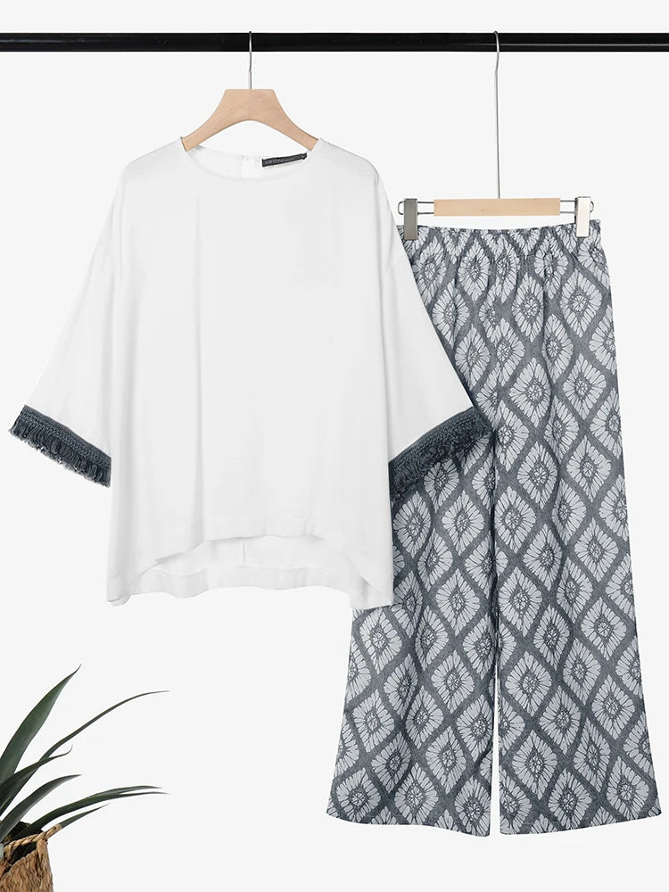 ZANZEA Spring 2 Pieces Sets Bohemain Tracksuit 2026 Women Stylish Printed Pant Sets 3/4 Sleeve Blouse Trousers Holiday Outfits
