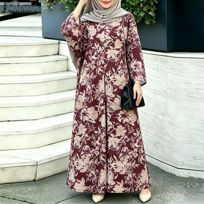 ZANZEA Modest Muslim Abaya Hijab Dress 2026 Fashion Women Long Sleeve Floral Printed Sundress Dubai Robe Femme Vestidos Ramadan