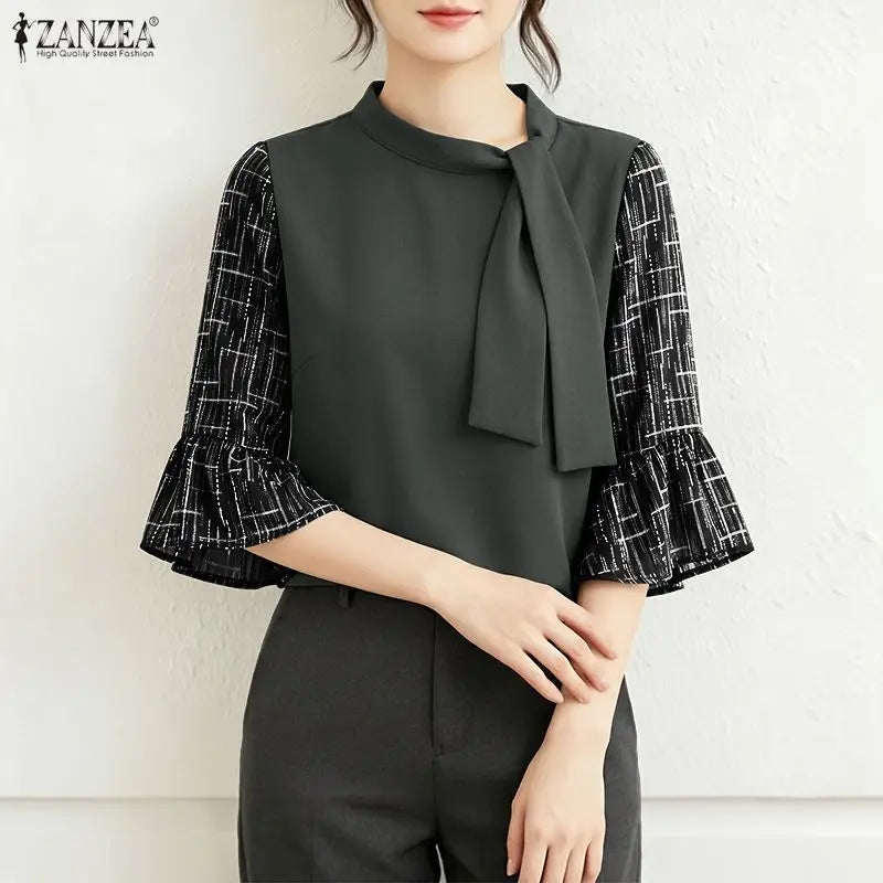 ZANZEA 2026 Women Elegant Tie Neck Blouses Patchwork 3/4 Flared Sleeve Casual Tops Autumn Everyday Wear Dates Blusas Mujer