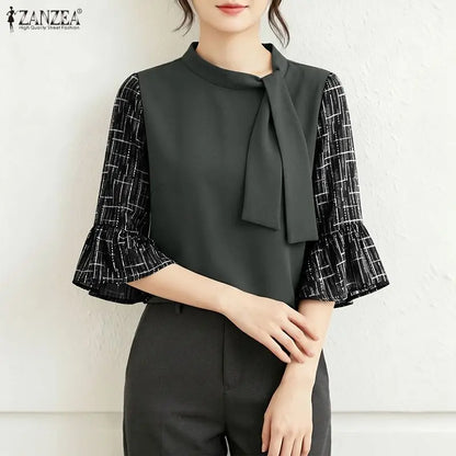 ZANZEA 2026 Women Elegant Tie Neck Blouses Patchwork 3/4 Flared Sleeve Casual Tops Autumn Everyday Wear Dates Blusas Mujer