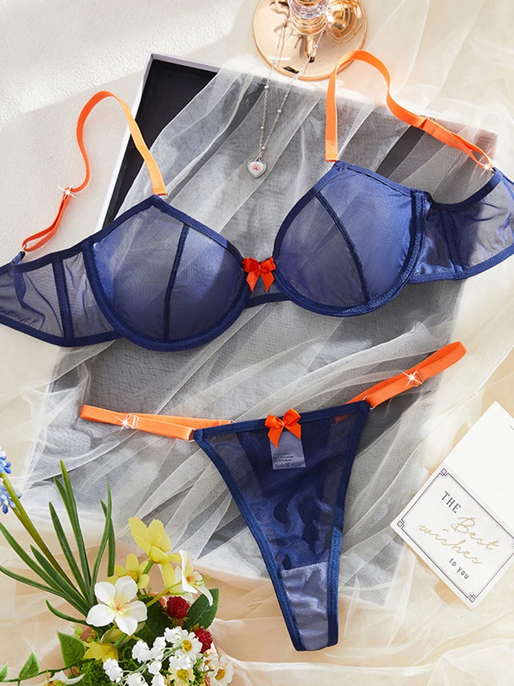 Women's Lingerie Navy Blue Sheer Mesh Underwear Steel Rings Bra Orange Bow Thongs 2Pieces Sexy Lingerie Contrast Color Intimates