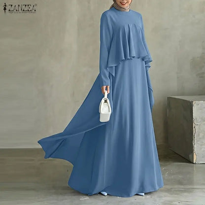 ZANZEA Women Elegant Long Sleeve Muslim Abaya Dress Robe Femme Stylish Ruffled Maxi Dresses Solid Loose Ramadan Sundress Kaftan