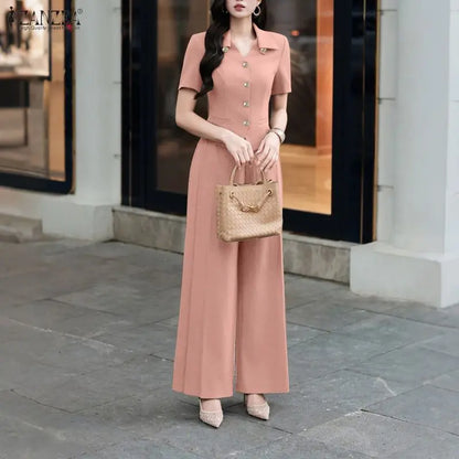 ZANZEA Women's Elegant Pant Suits V-Neck Short Sleeve Shirts & Wide Leg Pants Office Lady 2 Pieces Sets Outfits Woman Sets S-3XL