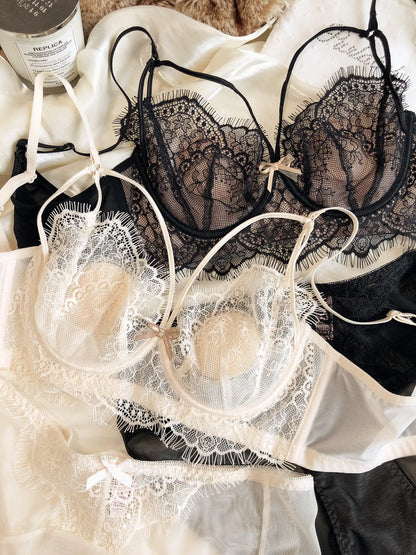 Sexy Hollow Bra Briefs Set French Thin Cup Lace Embroidery Women Underwear Wire Free Bralette Padding Comfort Plus Size Lingerie