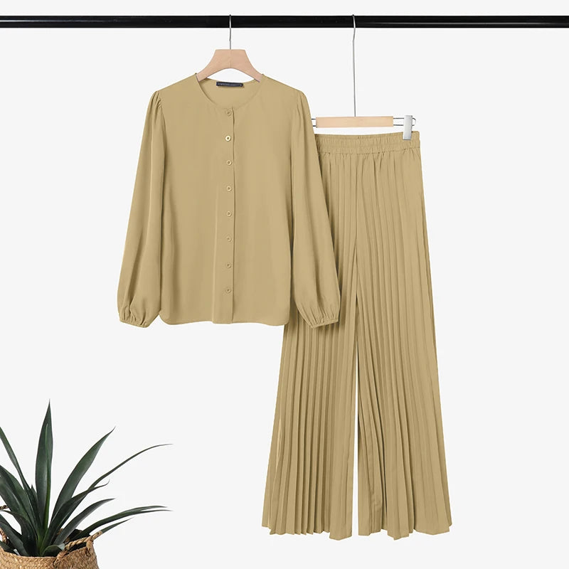 2026 ZANZEA Muslim Hijab Tracksuit Ramadan Outfits Women Pant Sets Long Sleeve Tops Wide Leg Trousers Elegant Solid OL Work Suit