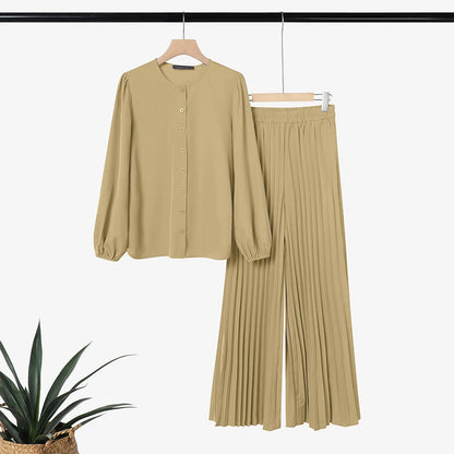 2026 ZANZEA Muslim Hijab Tracksuit Ramadan Outfits Women Pant Sets Long Sleeve Tops Wide Leg Trousers Elegant Solid OL Work Suit