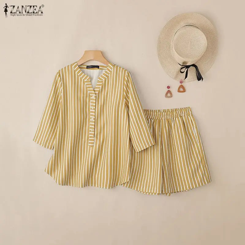 ZANZEA Fashion Spring Summer 2 Pieces Sets Striped Tracksuit Women V Neck 3/4 Sleeve Blouse Short Sets Casual Work Outfits 2026