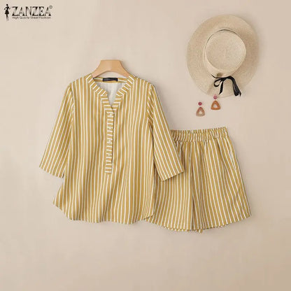 ZANZEA Fashion Spring Summer 2 Pieces Sets Striped Tracksuit Women V Neck 3/4 Sleeve Blouse Short Sets Casual Work Outfits 2026