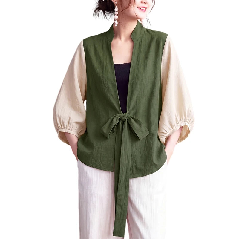 ZANZEA Woman Kimono Tops Stylish Color Blocked Lantern Sleeves Tie-Front Cover-Up 2026 Summer Casual Daily Wear Loose Cardigans