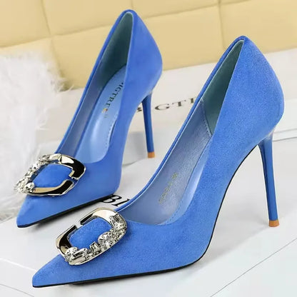 BIGTREE Shoes Metal Rhinestone Belt Buckle Women Pumps Suede High Heels Luxury Banquet Shoes Sexy Party Shoes Women Stilettos