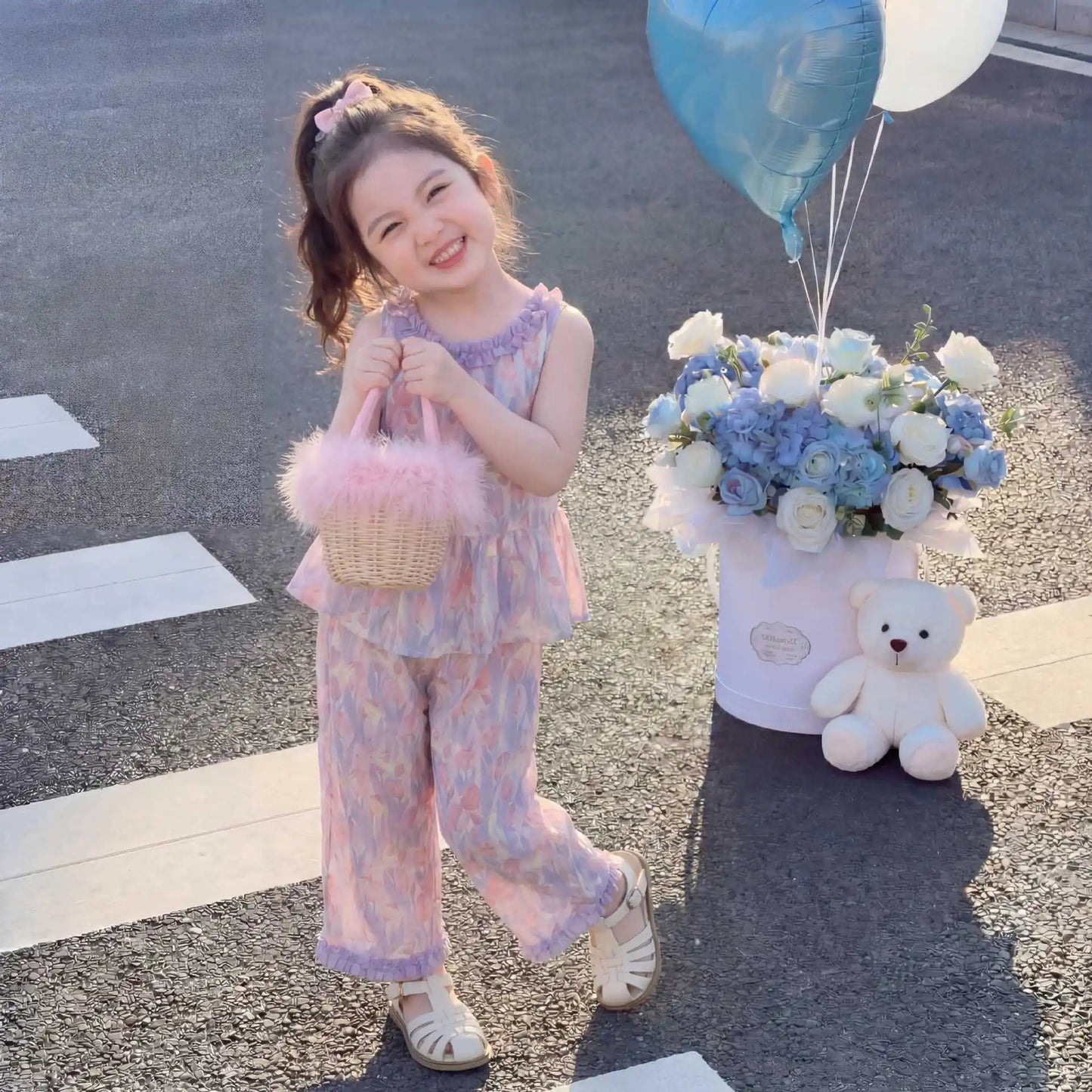 1Sets Girls Thin Flower Print Set Kids Summer Sleeveless Top And Long Pants Suit Baby Fashion Costume Cute Children Beach Sets