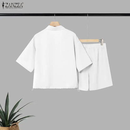 ZANZEA Women Minimalist 2-Piece Sets Casual Short Sleeve Shirts & Elastic Waist Shorts Matching Sets Summer Commute Work Co-ords