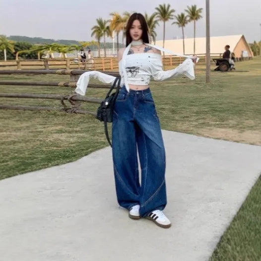 Spring Plus Size Women's Clothing High Waist Loose Fit Casual Wear Wide Leg Jeans Denim Straight Cut Full Length Pants
