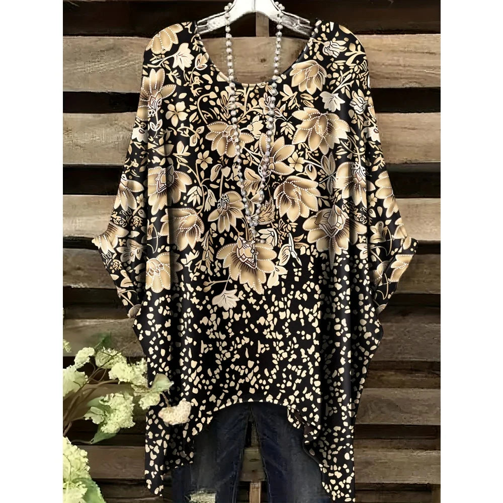 Bohemian Floral Tunic Plus Size Women's Bohemian Floral Print Tunic T-Shirt Short Sleeve Round Neck Casual Top Vibrant 2025