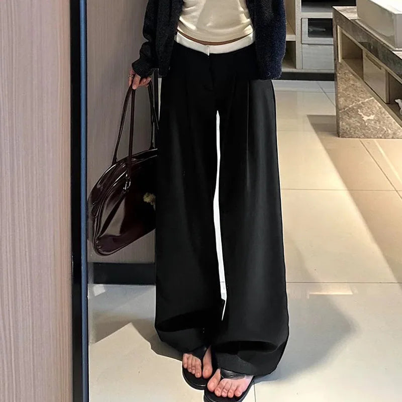 Gray Wide-leg Pants Women White High Waist Splicing Loose Thin Casual Suit Pant Full Length Lady's Solid Autumn Women's Trousers