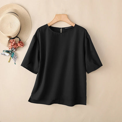 ZANZEA 2026 Summer Casual Blouses Woman O-Neck Half Puff Sleeves Solid Color Loose Tops Minimalist Everyday Wear Blusas de Mujer