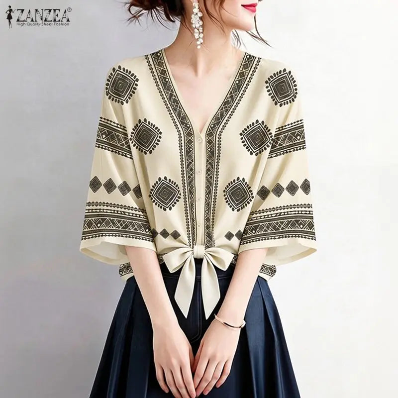ZANZEA Women Ethnic Style Printing Blouses Casual V-Neck Half Bell Sleeves Button Up Tied-Hem Shirts Summer Loose Vacation Tops