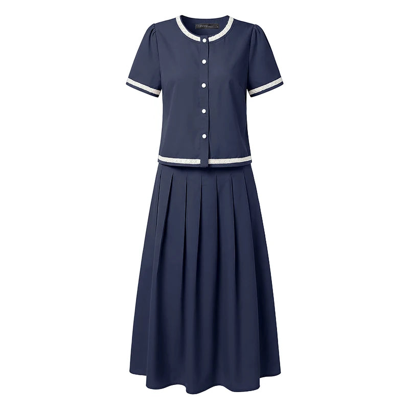 2026 ZANZEA Elegant Women Short Sleeve Patchwork Shirt Midi Dress Sets Summer 2 Pieces Sets Stylish OL Work Outfits Skirt Suit
