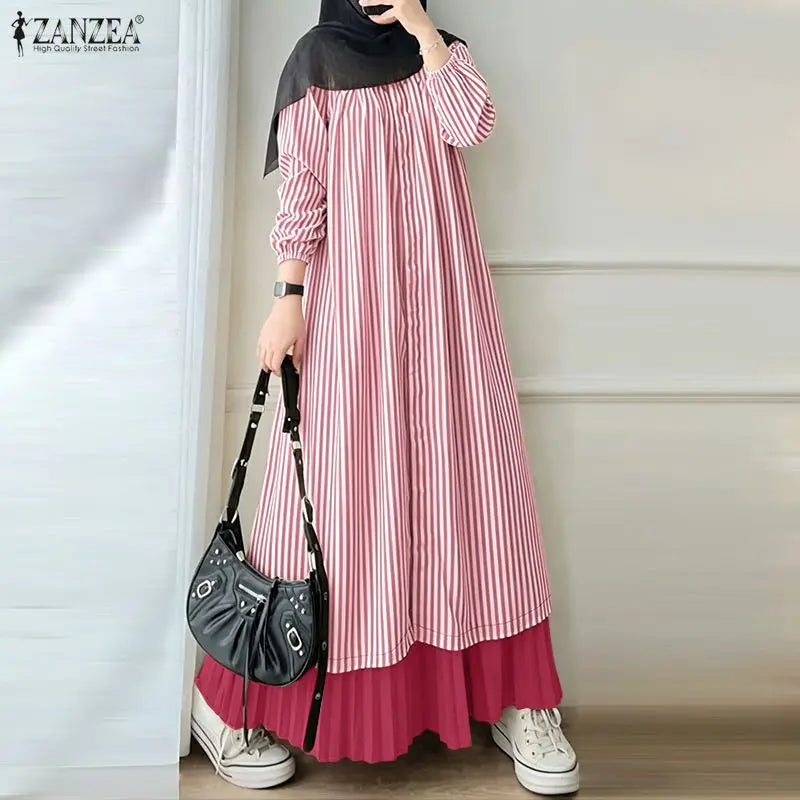 ZANZEA Modest Stripe Patchwork Muslim Abaya Dress Hijab Robe Femme Fashion Women Long Sleeve Pleated Sundress Casual Kaftan 2026