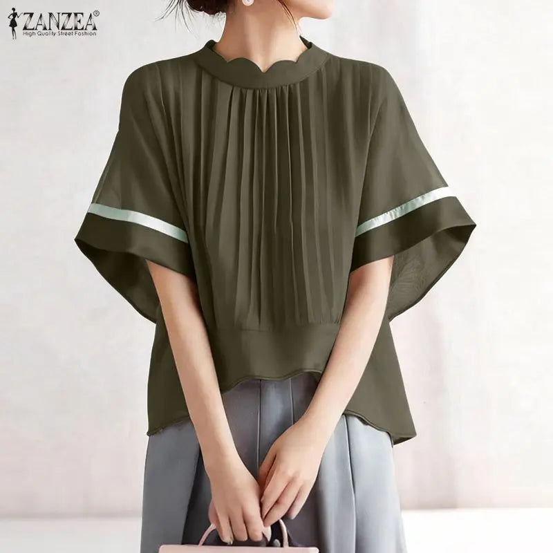 ZANZEA Women's Pleated Scalloped Mock Neck Blouses, Fashion High-Low Hem Tops with Contrast Trim Bell Sleeves, Woman Clothes
