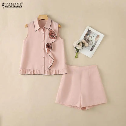 ZANZEA Women Summer 2-Piece Short Sets Fabric Flower Sleeveless Shirts & Elastic Waist Shorts Matching Sets Casual Daily Co-ords