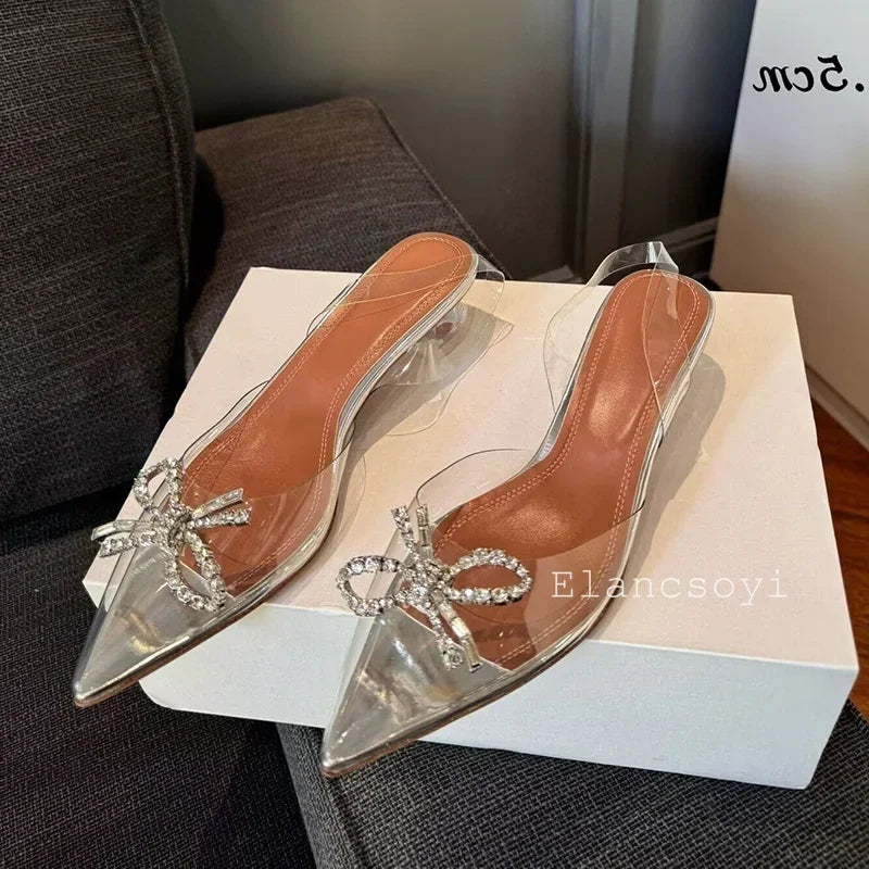 Summer Crystal Flower High Heels Women Transparent PVC Cup Heels Sandals Pointed Toe Back Strap Sandalias Sexy Party Dress Shoes
