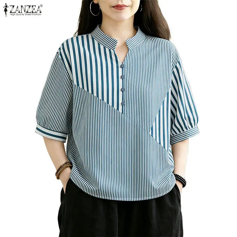 ZANZEA Casual Striped Patchwork Blouses for Woman Stand Collar Half Puff Sleeve Day Wear Tops Summer 2026 Loose Blusas de Mujer