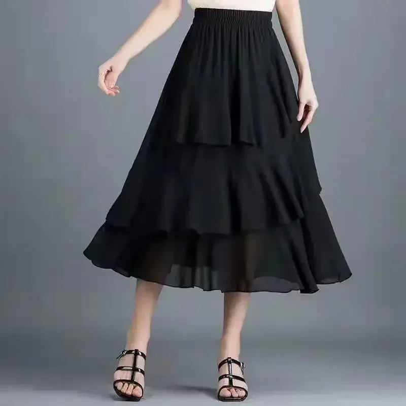 Hot Sale Floral Skirt Women New Summer 2025 Sweet Ruffled A-line Chiffon Long Skirt Woman Korean Clothing