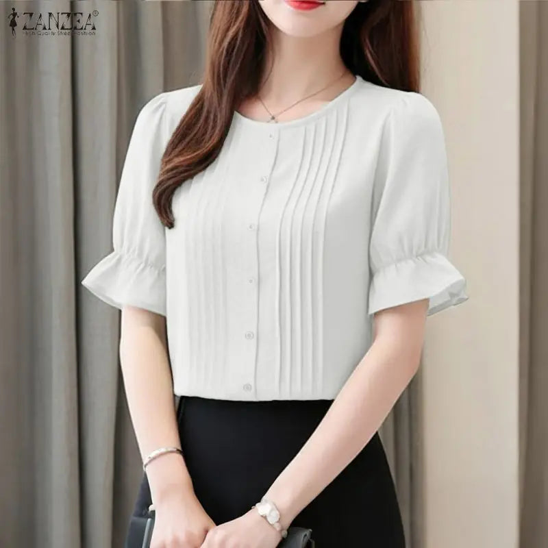 ZANZEA Women Elegant Pintuck Detailing Blouses Summer Casual Short Sleeve Tops Commute Solid Color O-Neck Button Up Blusas Mujer