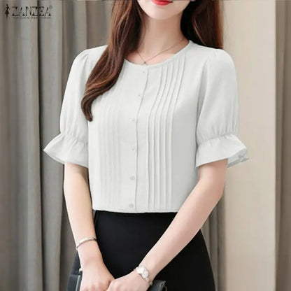 ZANZEA Women Elegant Pintuck Detailing Blouses Summer Casual Short Sleeve Tops Commute Solid Color O-Neck Button Up Blusas Mujer
