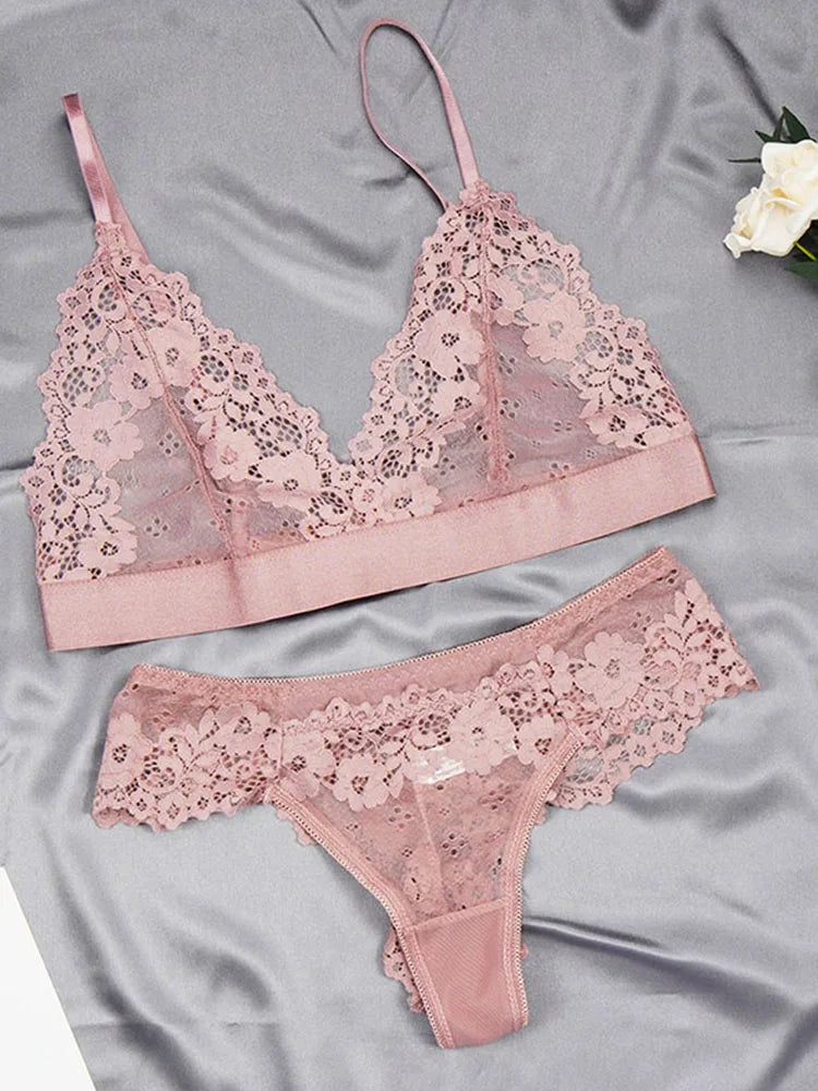 Women's Ultra-thin Cup Mesh Lace Underwear Set Transparent Bras Beauty Back Hollow Embroidery Bra & Brief Sets
