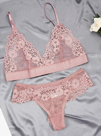 Women's Ultra-thin Cup Mesh Lace Underwear Set Transparent Bras Beauty Back Hollow Embroidery Bra & Brief Sets