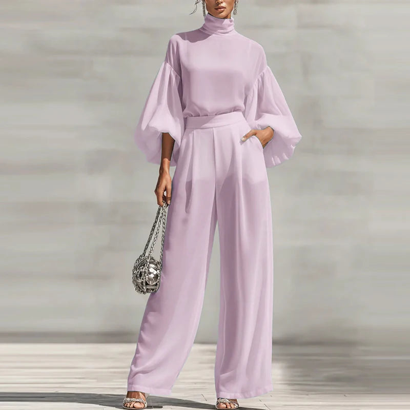 Simple Casual Solid Color Women's Suit Elegant Turtleneck Lantern Sleeve Top & High Waist Pants Set Autumn Loose 2 Piece Outfits