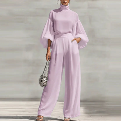 Simple Casual Solid Color Women's Suit Elegant Turtleneck Lantern Sleeve Top & High Waist Pants Set Autumn Loose 2 Piece Outfits