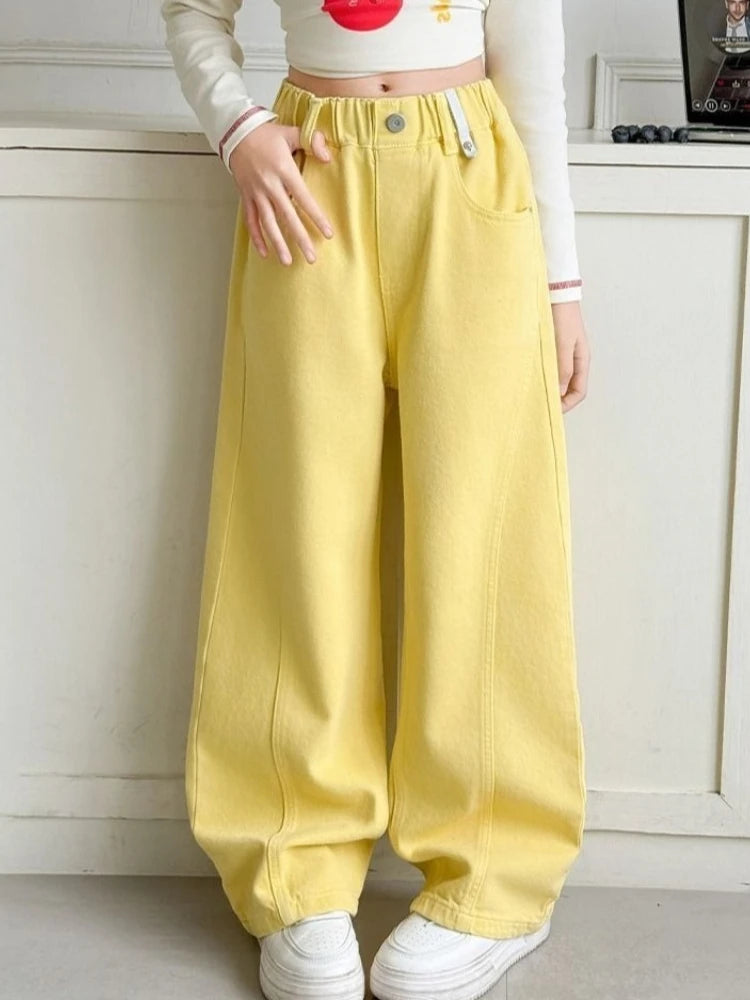 Girls' Wide Leg Pants Spring 5-12 Years Cotton Straight Leg Loose Fit Kids' Trousers Soft Breathable Fashionable Tapered Bottoms