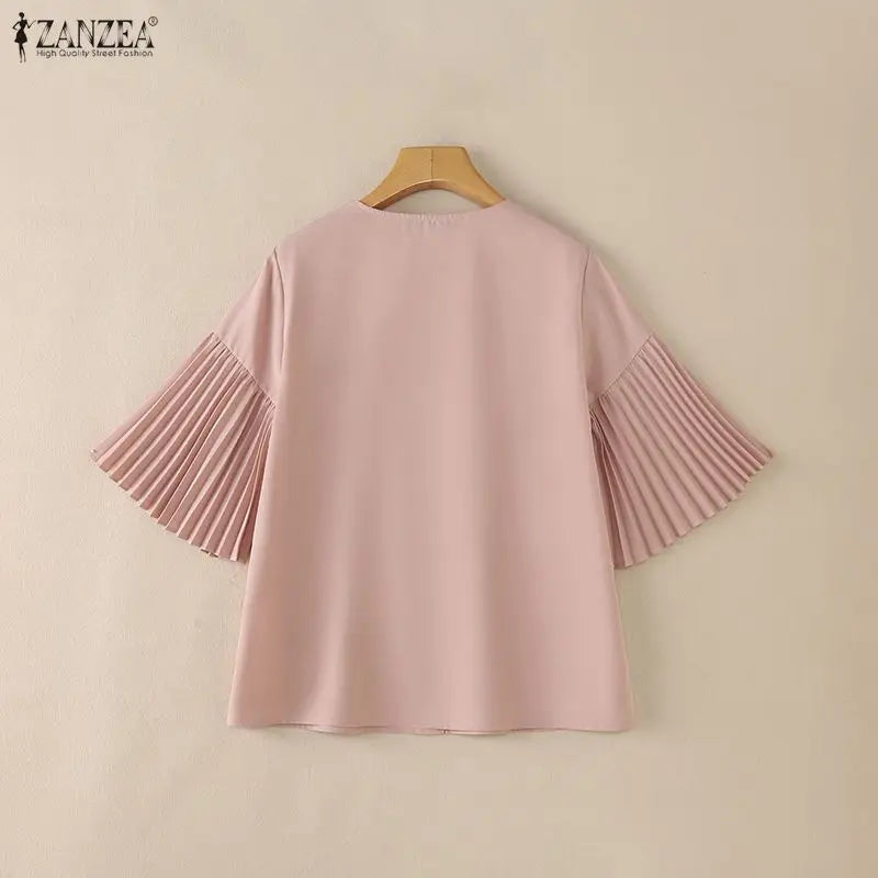 ZANZEA Women's Elegant Blouses Pleated Bell Sleeve V-Neck Loose Pullover Tops Summer Daily Casual Solid Color Blusas de Mujer