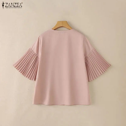 ZANZEA Women's Elegant Blouses Pleated Bell Sleeve V-Neck Loose Pullover Tops Summer Daily Casual Solid Color Blusas de Mujer