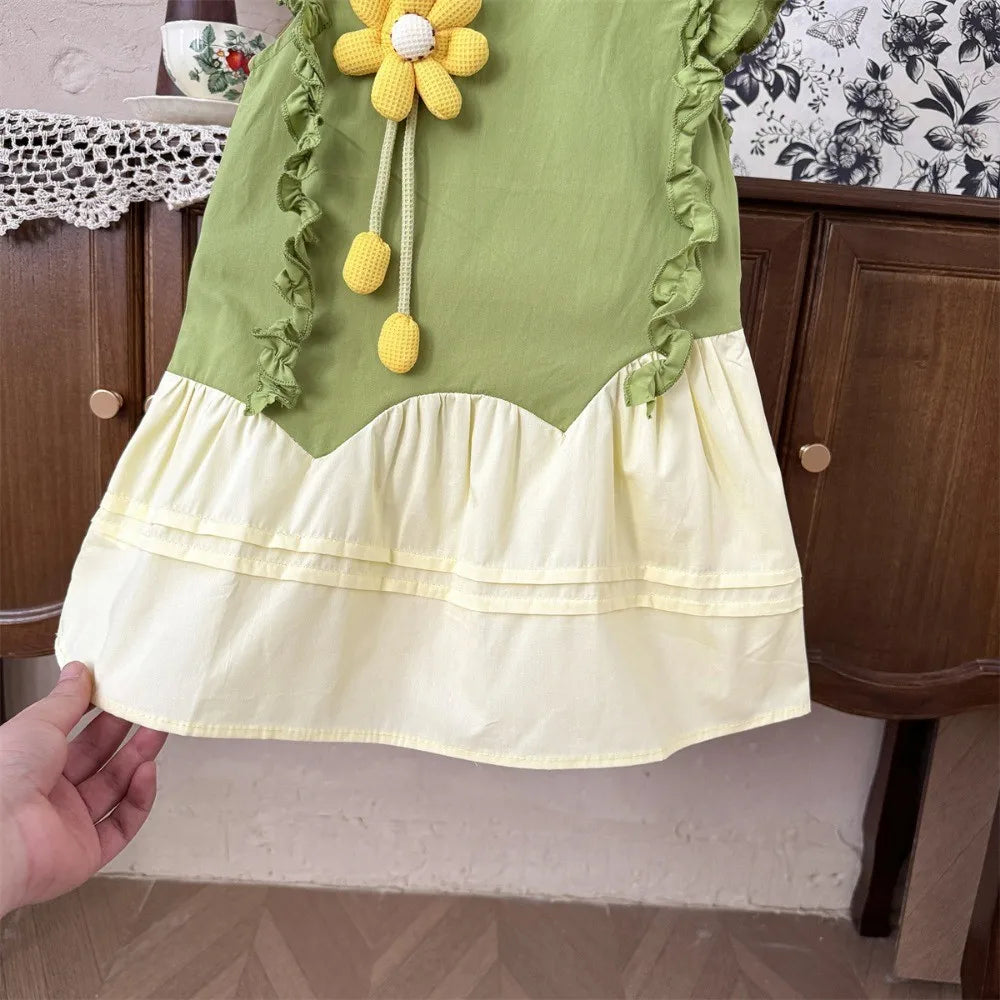 Summer Girls Fashion Sleeveless Cute Flower Decoration Sweet Ruffled Princess Dress 1 Pc 2-7 Years Kids Daily Casual Clothes