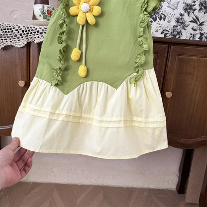 Summer Girls Fashion Sleeveless Cute Flower Decoration Sweet Ruffled Princess Dress 1 Pc 2-7 Years Kids Daily Casual Clothes