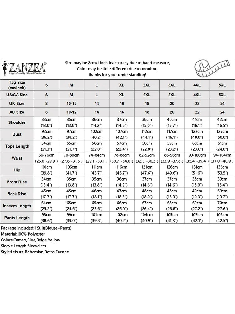 Fashion 2PCS Summer Outfits ZANZEA Sleeveless Embroidery Blouse Pant Sets Women Work OL Matching Sets Casual Holiday Tracksuits