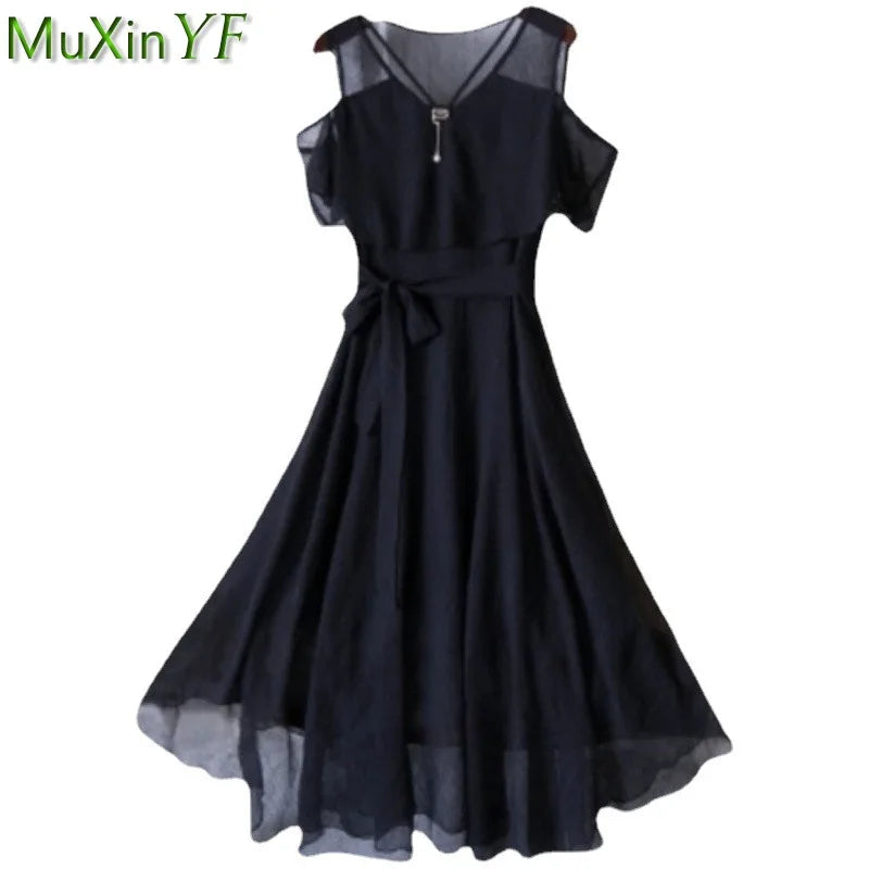 Women's Summer Chiffon Dress Korean Office Lady Graceful Casual Black Off-Shoulder Dresses 2025 New Fashion Clothing Female