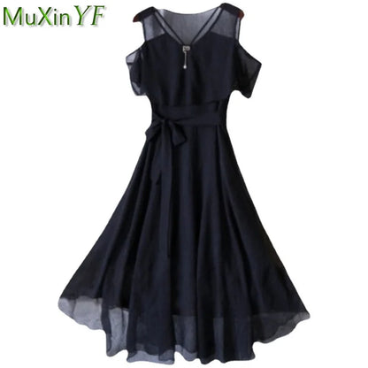 Women's Summer Chiffon Dress Korean Office Lady Graceful Casual Black Off-Shoulder Dresses 2025 New Fashion Clothing Female