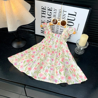 2026 Summer Girls Flutter Sleeve Dress Kids Printed Tiered Princess Dresses for 1-12Y Children Vacation Clothes